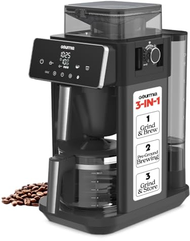 Gourmia 10 Cup Grind & Brew Coffee Maker - Built-In Burr Grinder, 3 Brew Strengths, Programmable Digital Display, Pause & Serve, Keep Warm, Auto Shut Off, Black