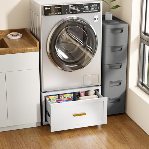 CRPDY 16 H|28 Universal Laundry Pedestal, 440LBS Metal Heavy Duty Washer and Dryer Pedestals, Washer Dryer Stand with Drawer, Washing Machine Base with Anti-Vibration Mats, Fridge Stand(White)