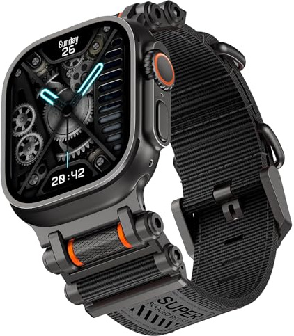 TAURI Nylon för Apple Watch Ultra 3/2/Ultra Strap 49 mm [Robust flätad nylon + rostfria stålkontakter] Justerbart vävt band för SE 3/serie 11/10/9/8/7/6/5/4 46 mm/45 mm/44 mm män kvinnor, helt svart