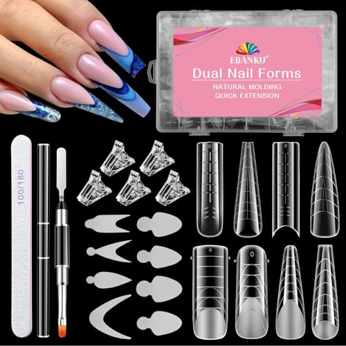 EBANKU 192 Cartine per Unghie in Polygel, Cartine per Unghie Doppie Trasparenti Opache, Riutilizzabili, Stampo per Tip con 96 Cartine per French, Adesivi, Clip, 8 Stili