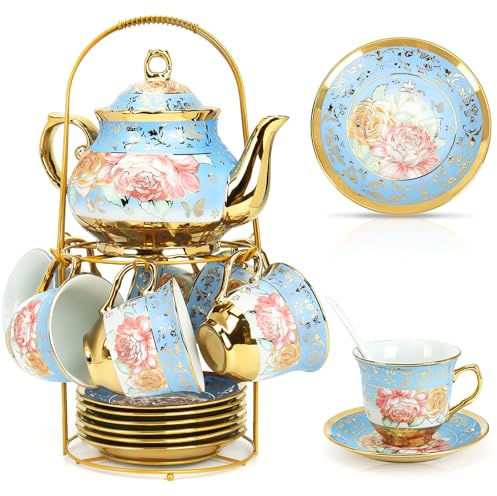 Tea Set for Adults, Tea Cups and Saucers Set of 6, Porcelain Tea Set with Metal Stand, 700ML Teapot,160ML Teacup, European Ceramic Tea Sets for Women Tea Party, Wedding Gift, 20-Piece