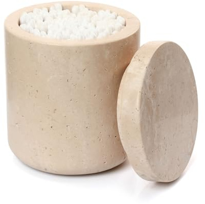 HAMAKAWA Wattestäbchenhalter mit Marmor-Lid, Beige Wattestäbchen-Jars 11 cm, Moderner Runder Marmor-Kanister Φ 9,5 cm, Kleine Lagerungs Jar für Bad, Schlafzimmer, Schminktisch, Küchenschrank