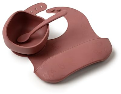Muchmellow - Set Pappa Silicone MADE IN ITALY 3 pezzi, Ciotola con Ventosa Anticaduta, Cucchiaio, Bavaglino Regolabile, Svezzamento, Plastic Free, BPA Free, Lavabile Lavastoviglie (Rosso)