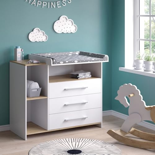 Vicco Cambiador Oskar, Roble Blanco/Dorado, 113 x 93 cm con 3 cajones, Convertible en cómoda Gracias al Cambiador extraíble