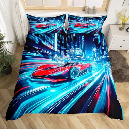 Homemissing Sportwagen Bettwäsche Set 135x200cm Rennwagen Bettwäsche-Set Extreme Sport Thema Bettbezug Atmungsaktiv Teenager Junge Betten Blau Rot