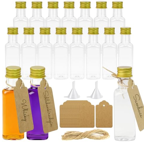 MIHURO 15 Pack Shot Bottles with Lids,Square Small Plastic Bottle 50ml | with Hangtag Funnel,Reusable Mini Alcohol Bottles,Shot Bottle for Hen Party,Wedding Party,Whiskey,Spirit Vodka (Gold)