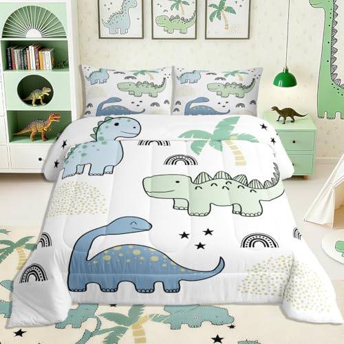 Feelyou Cartoon Dinosaur Bedding Set Soft for Boys Girls, Cute Rainbow Comforter Set Toddler Size Cute Cartoon Duvet Quilt Microfiber Bedroom Decor 2 Pcs with 1 Pillow Cases