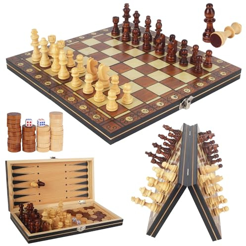 3 in 1 Scacchiera in Legno, 29 * 29cm, Scacchiera in Legno, Scacchiere da Viaggio Fatti a Mano, Scacchi Portatili, Ideale per Feste, Viaggio e Attività Familiari