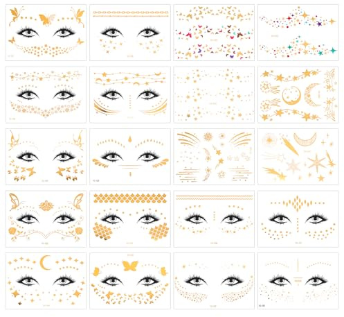 20 Blatt Gesichtstattoo Festival, Gesicht Temporäre Tattoos Wasserdichte Sparkle Gold Tattoos Festival Glitzer Gesicht Aufkleber, Makeup Für Halloween Karneval Partys