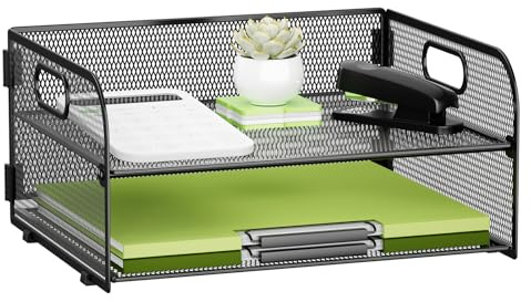 2-StöCkiger Schreibtisch-Ablagehalter Aus Metallgitter, Brief- Und Papierablage Mit Griff, rutschfeste Basis FüR BüRo- Und Schulbedarf, Schwarz
