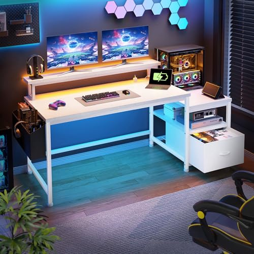 Cliporix Computer Desk with Drawers & Power Outlet, 140x50cm Large, White | Printer Storage, USB Charging Ports & Power Outlets, Monitor Stand,Height Adjustable, Sturdy Steel Frame, Easy Assembly