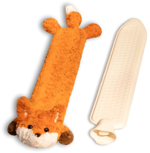 Wärmflasche Lang mit Bezug,Wärmflasche mit Fuchs- und Waschbär Muster,Weiches Wärmflaschenbezug,Nackenwärmflasche Mit Weichem Plüschbezug,Abnehmbare Und Waschbare Für Kinder Erwachsene (B)