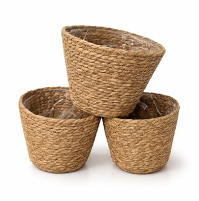 Vixzoid Blumenübertopf Geflochten 3er Set (3 Stück) – Blumentopf aus Seegras & Stroh, Handgewebte Pflanzkörbe in 3 Größen, Blumentöpfe für Innen & Außen, Deko Pflanzgefäß