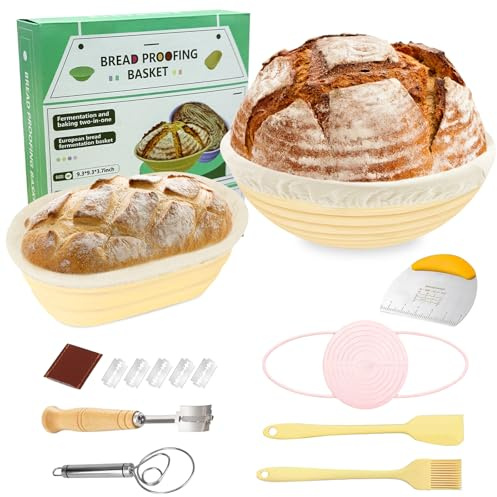 MFUSUL 10 Piezas Kit Completo de Panadero, Cesta de Fermentación de Masas Ovalado, Cepillo de Silicona, Cuchillo de Panadero, Cesta para Pan de Masa Madre para Hacer Pan Masa Madre