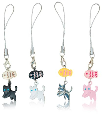 MNYXIS 4 PCS Dragonne Telephone Portable, Bijoux De Telephone, Porte-Clés Chat Poisson, Breloques De Téléphone Mignonnes, Accessoire Telephone Kawaii, Décoration Pour Amoureux Des Chats