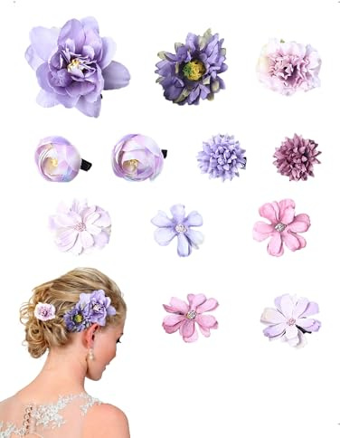 KONFEN 12 pezzi fermagli per capelli con fiori artificiali in stile bohémien, mollette fiori, accessori per acconciature donne e ragazze, spiaggia, feste, matrimoni, vacanze alle Hawaii, blu e viola