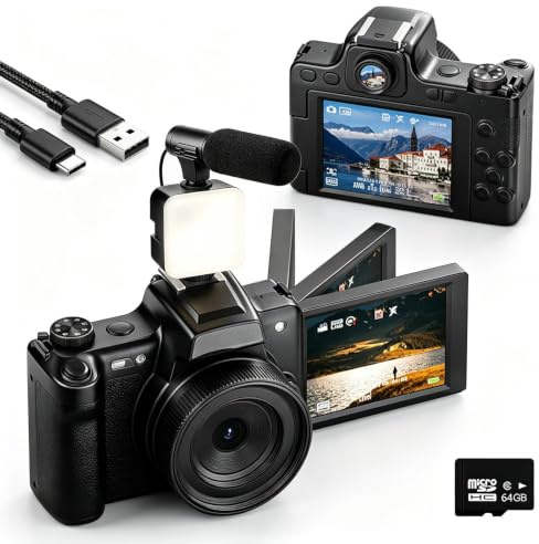 Videokamera Camcorder 4K 68MP Vlogging Kamera mit LED-Fülllicht 28X Digital Zoom 60FPS Videorecorder, 2.8 Kompaktkamera 180° Flip Bildschirm mit Externem Mikrofon, 64GB SD Karte