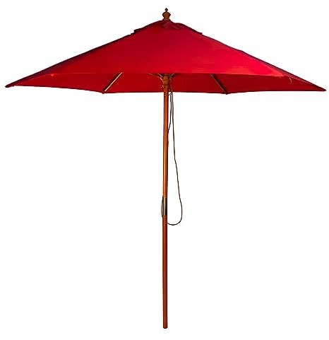 BrackenStyle 2.5m Diameter Wooden Garden Parasol - Pulley Operated Machine Washable UV Blocking 250cm Patio Umbrella (Red)