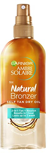 Garnier Ambre Solaire Natural Bronzer Self Tan Dry Oil 150ml,2-in-1 Oil Enriched With Coconut Oil,Nourishes Skin & Leaves A Luminous Fake Tan,Natural Streak-Free Result,Lasts Upto 1 week,Vegan Formula