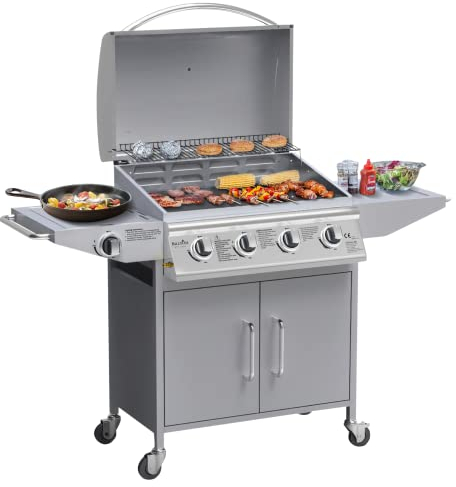 BillyOh Huntsville 4 Burner Gas BBQ Barbecue Grill with Premium Stainless Steel Construction, Built-In Thermometer, Cast Iron Grill, Warming Rack, Temperature Control and Cover