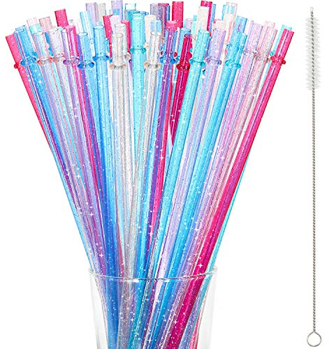 48 Stück 11 Zoll Wiederverwendbare Hartplastik Strohhalme Ohne BPA - Klare/Bunte Glitzer Trinkhalme Mit Reinigungsbürste (Mulitifarbig)