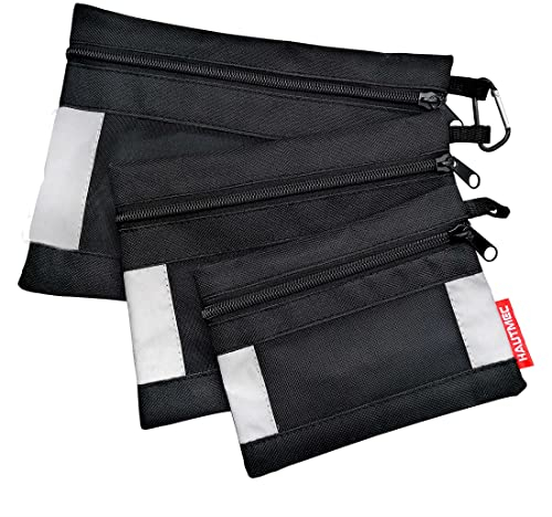 HAUTMEC 3 Pieces Small Tool Pouch, Multi Function Zippered Tool Poly Bag with Mesh Window, Heavy-Duty Clip Organizer HT0126-TB