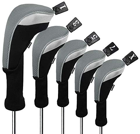 Andux Golfschlägerhauben aus Netzstoff, Langer Hals, Schwarz/Grau, 5 Stück