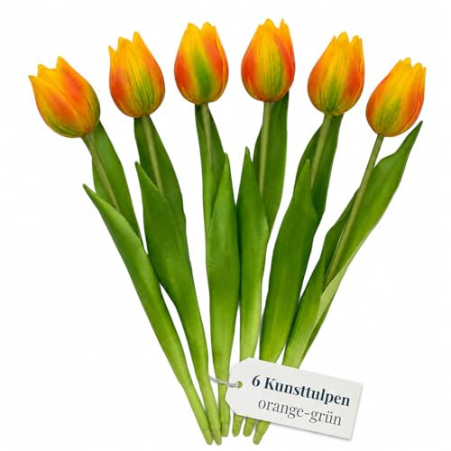 MIJOMA Künstliche Tulpen – realistisch wirkende Kunstblumen mit biegsamen Stielen für Vase, Tischdeko, Zuhause, Feier und Hochzeit - 6 Stück - Länge 27cm - orange-grün