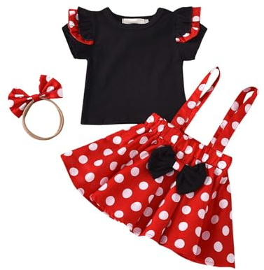 Verve Jelly Insiemi del Vestito dalla neonata del Bambino Camicia a Maniche Corte con Volant a Pois + Gonna con Bretelle + Set di Abiti per Fascia 110 Rosso 2-3 Anni