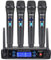 BOMGE Sistema di microfoni wireless, Pro 4 canali cordless set con quattro microfoni portatili, frequenza fissa, lunga autonomia 60 m, ideale per chiesa, karaoke, eventi