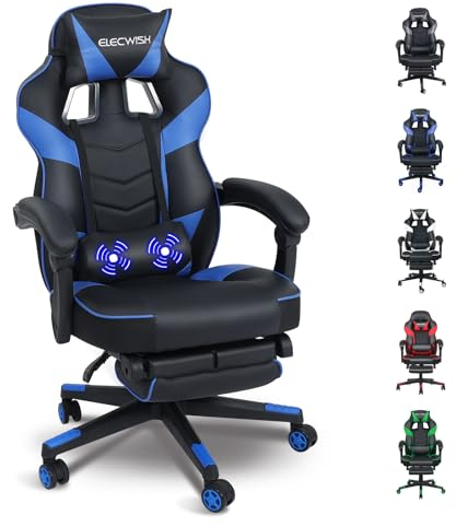 Fullwatt Gaming Stuhl, Bürostuhl Ergonomisch Racing Stuhl Massage Gamingstuhl mit Fußstütze 90-150° Rückenlehne Verstellbar, mit Abnehmbare Kopfstütze Lendenkissen, PU Leder Blau