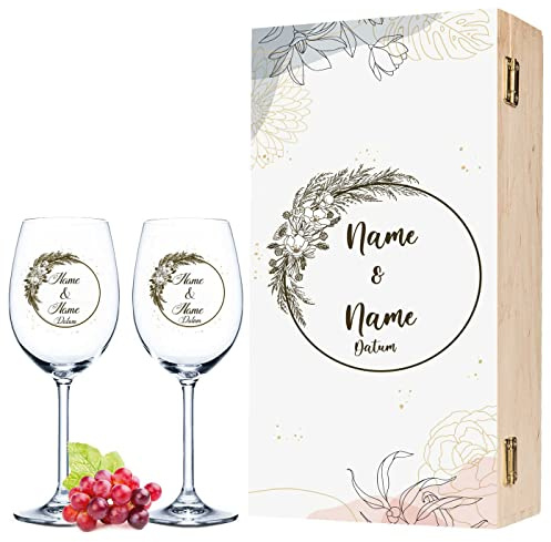 GRAVURZEILE Leonardo Weingläser UV-Druck - Pampasgras Design - Personalisiert mit Namen & Datum - Geschenk zur Hochzeit, Verlobung & Jahrestag - ein Hochzeitsgeschenk - Farbe: Daily UV mit Holzkiste