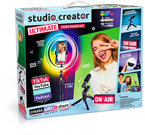 Studio Creator Ultimate Video Maker, Kit XL con Schermo Verde, Anello Luminoso LED colorato, Microfono + Luce per Selfie, Scatola Luminosa On Air e Altro Ancora, per Bambini dai 14 Anni in su
