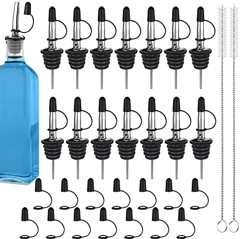 Daily Treasures Bottle Pourers for Spirits, 14Pcs Stainless Steel Liquor Spirits with Caps & 14Pcs Rubber Dust Caps with String+2Pcs Brushes, Stainless Steel Drip Spout for Wine Spirits Olive Oil