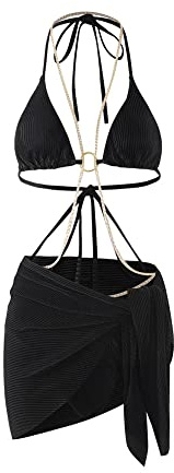 BKEPDY Costume Donna Due Pezzi Triangolo Costumi Mare Bikini Set con Catena Oro Bikiniset Elegante Costume Contenitivo Vita Alta Tankini con Pareo Mare Vacanza Estate