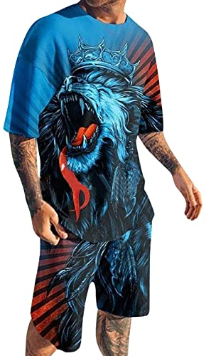 Xmiral Schnell trocknende 3D-Kurzarm-Anzugshorts für Herren Strand Tropical HawaiianSS Body Sportshorts Anzug Sportanzug Dunkelblauer Anzug Herren (f-Blau,f-Blau)
