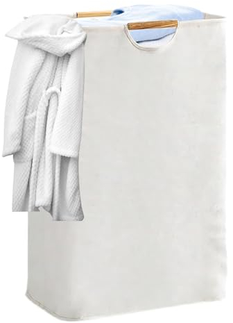Wäschekorb 72L Wäschesammler Groß 56x40x27cm Faltbarer Wäschesack mit Henkel Holzgriff Beige Wäschekörbe Schmal Tragbarer Wäschekörbe Laundry Basket für Kinderzimmer, Schlafzimmer, Badezimmer