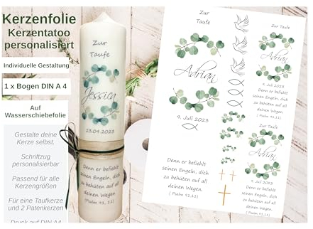 Personalisierte Kerzensticker TAUFE, KOMMUNION, KONFIRMATION, HOCHZEIT - EUKALYPTUS auf Transferfolie, Kerzen-Tatoofolie, Kerzenfolie, Wasserschiebefolie für Taufkerzen und Kommunionkerzen
