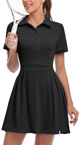 Soneven Women Polo Golf Tennis Dress Built in Shorts Short Sleeve Workout Athletic Pleated Dresses with Pockets(127-Black, XX-Large)