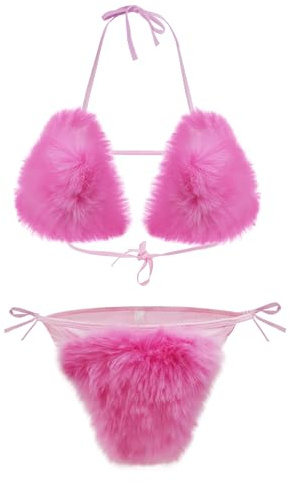 Femme Maillot de Bain 2 Pièces Bikini Femme avec Décoration en Peluche Ensemble de Bikini String et Top Taille Unique
