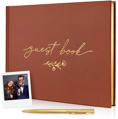 Guest Book for Wedding - Sign-In Autograph Book for Bridal Reception, Quinceanera, Sweet 16 Birthday, Baby Shower - Boho Guestbook w/Bookmark & Gold Floral Design - 9 x 7 (100 Pages)