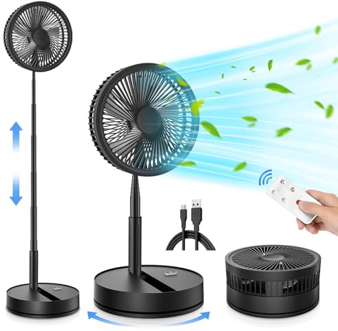 LIPETY Portable Foldable Rechargeable Oscillating Fan - 8.6 7200mah Battery Operated USB C Small Fan Remote, Quiet Table Desk Fan Folding Standing Pedestal Fans for Bedroom Rome Office Camping Travel