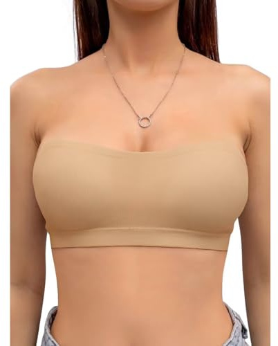 Sexy Code 1701 Femme Bandeau sans Bretelles Soutien-Gorge Tube Top Soutien-Gorge sans Couture Rembourré Bralette avec Silicone Antidérapant(D389,Beige,L)