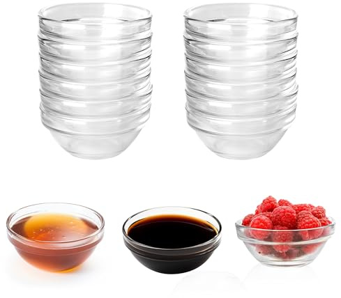 YKUKIZEE 12 Pcs Glass Ramekins 9 cm, Mini Glass Prep Bowls, 100 ml Clear Mini Soy Sauce Bowls for Serving Jam Chutney Sugar Condiments Dips