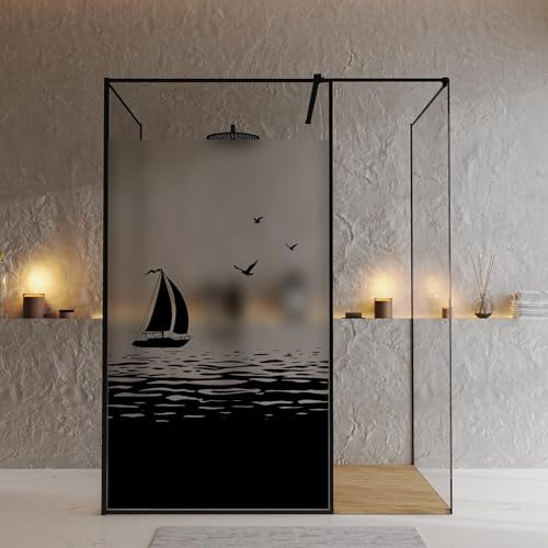 Wandtattoo Loft Sichtschutzfolie Duschkabine mit maritimem Segelboot Motiv, Wunschmaß in schwarz oder weiß, Klebefolie für Duschglastüren, Duschwand Folie Wasserfest, Klebefolie für Duschkabine