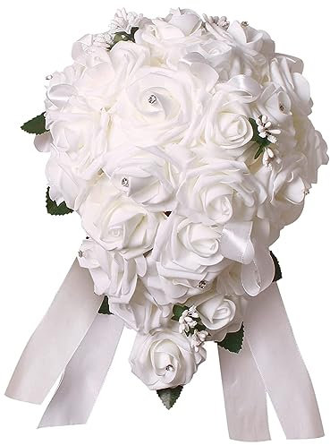 Artificial Flowers Bouquet Wedding Bouquet for Bride 12 Inch White Bridal Bouquet Holder Flowers Artificial Flowers for Wedding Summer Home Use
