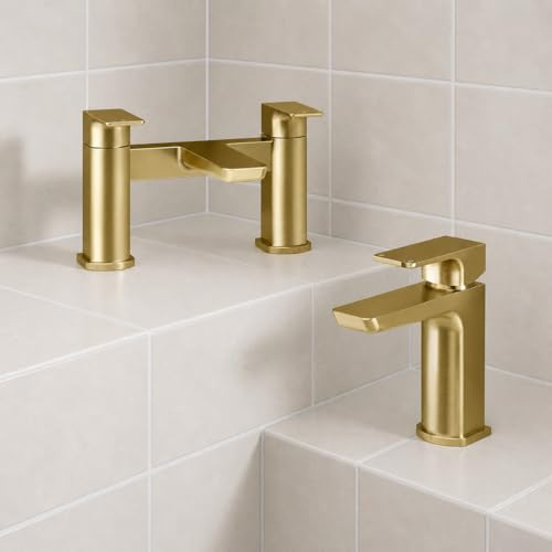 Rhodos Brushed Brass Bathroom Tap Pack | Includes Deck Mounted Bath Filler | Includes Mono Basin Mixer | Brushed Brass Finish | Brass Tap Pack |