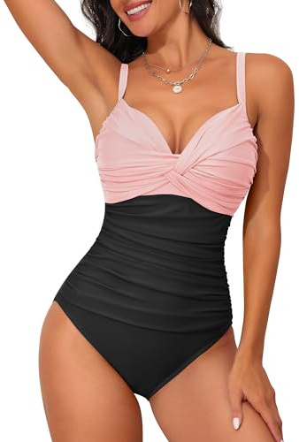 Firpearl Bügel-Badeanzüge für Damen, gerüscht, Bauchkontrolle, einteiliger Badeanzug, Push-Up-Badeanzug, Twist-Front-Bademode, Pink/Schwarz, 42