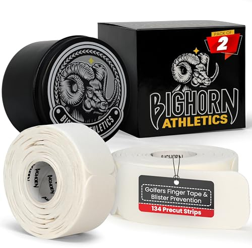 Bighorn Athletics Premium Golf Finger Tape, vorgeschnittene Streifen von Golfern Tape, 4-Wege-Stretch Athletic Tape, Fingerblasen-Prävention, Golf Blister Tape – 2er-Pack mit Blechdose, Weiß
