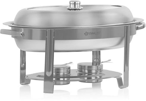 Mahlzeit Calentador de Buffet de Acero Inoxidable Oval con Tapa de Cristal 5 litros | Chafing Dish Oval | Calentador de Alimentos, Baño Maria | Buffet, Catering, Gastronomía, Restaurante, Fiestas
